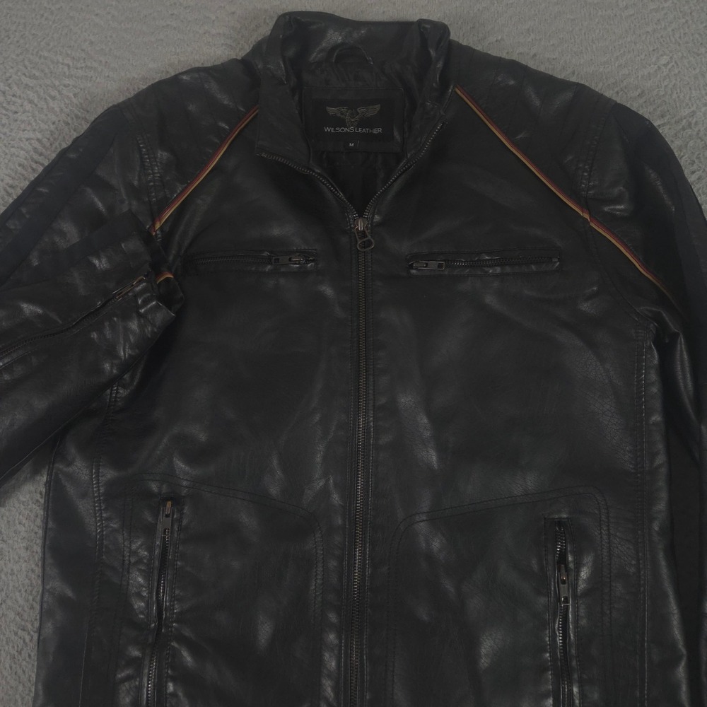 Wilsons Leather Jacket Mens M Black Cafe Racer Moto Faux Leather Padded Racing